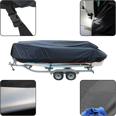 WFLNHB Heavy Duty 210D Boat Cover for Trailerable Fishing Ski Bass V-Hull Tri-Hull Runabouts, 17-19ft, Black