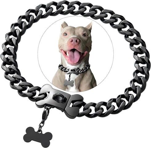 Cuban Black Link Heavy Duty Dog Collar, 10inch-26inch Wide Stainless Steel Luxury ID Name Tag Necklace