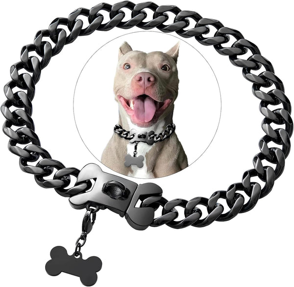 Cuban Black Link Heavy Duty Dog Collar, 10inch-26inch Wide Stainless Steel Luxury ID Name Tag Necklace