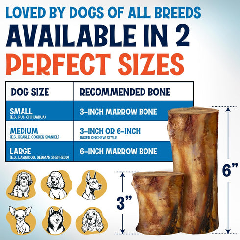 3" (12 Pack) Beef Marrow Bones for Dogs, Bone, Long Lasting Stuffed Treats, Tasty and Healthy Snack for Small