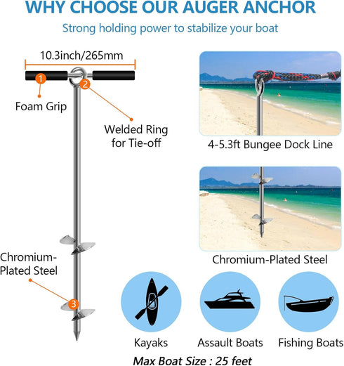 Sand Anchor - Beach Anchor with Removable Handle, Bungee Line & Carry Bag, 18"/24"/36" Length Auger for Beach