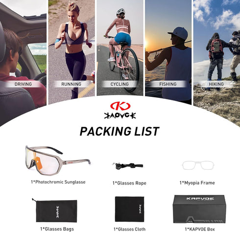 KAPVOE Photochromic Cycling Glasses for Men Women, Mountain Bike Sunglasses with UV Protection