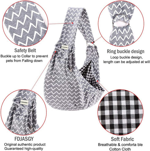 FDJASGY Small Pet Sling Carrier - Hands Free Reversible Tote Bag with Pocket Safety Belt for Dog Cat Outdoor Travel