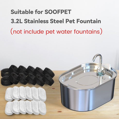 24 (12 12 108oz/3.2L SOOFPET Cat Water Fountain Filters, Pieces Carbon + Sponge), Replacement for Stainless Steel