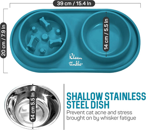 Pets Dog Bowl Set - Removable Double Slow Feeder Bowls with Non-Skid Silicone Mat, Stainless Steel Water Bowl (Dirty