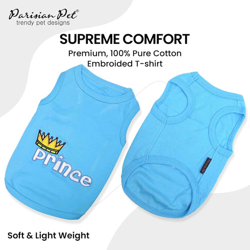 Parisian Pet Dog T-Shirt - Embroidered 'Prince' - Blue XL, 100% Cotton, Sleeveless Vest for Large Dogs