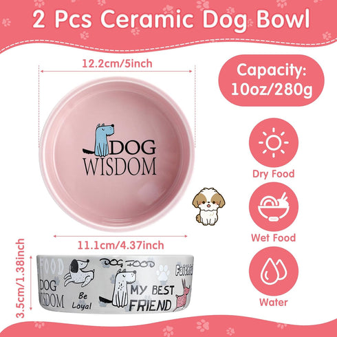 2 Pcs 5 Inch Ceramic Dog Bowl Cartoon Pattern Cat Bowl Dog Food Bowls Cute Heavy Dog Water Bowl Durable Dog Dishes for Small Dogs Pets Feeding Travel, Dishwasher Safe and Microwave Safe