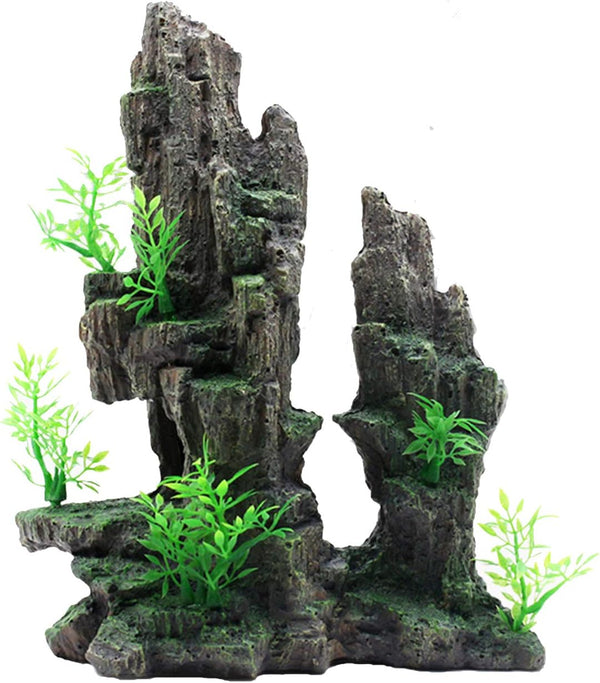 Tfwadmx Aquarium Mountain View Moss Tree Rock Cave Stone Ornament with Small Plants for Fish Tank Landscape