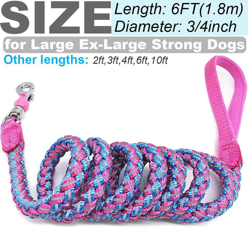 2FT to 10FT Reflective Dog Leash - Strong Nylon Rope Braided Training Leash for Extra Large Medium Dogs (Pink, 6 Foot)