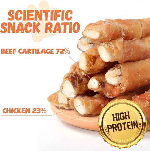 Natural Dog Treats, Chicken Wrapped Beef Cartilage, Long-Lasting High Protein Training Treats, 12-13 Counts