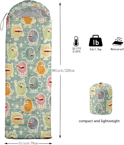 Kids Sleeping Bag for Boys and Girls - Monster Alien Print, Lightweight Warm Portable Waterproof Sleeping Bag