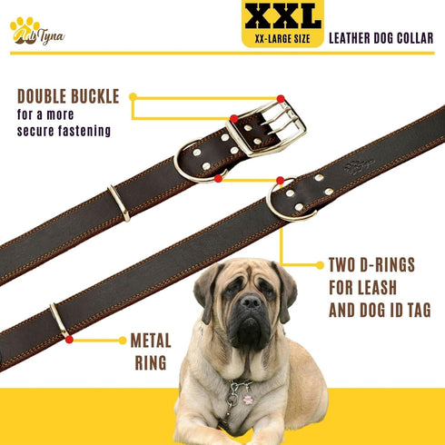 ADITYNA Big Leather Dog Collar, XXL for Giant Breeds like Mastiff (Fit 30" - 36" Neck, Brown)