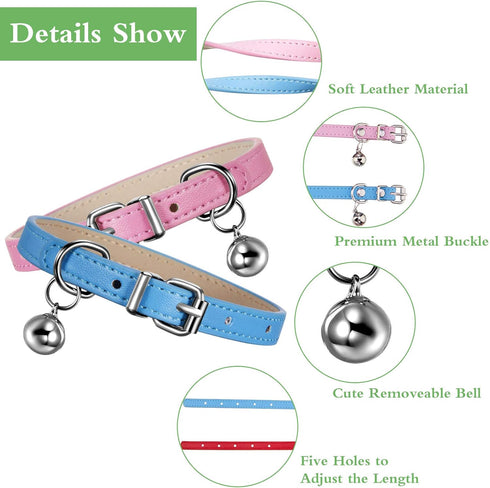 Weewooday 6 Pieces Leather Cat Collar with Bell, Cute Pet Kitten Collar for Boy Girl Cats, Safety Elastic Strap for