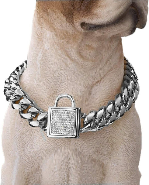 Pet Dog Collar, Top Stainless Steel Dog Chain Training Collar, 14mm Silver Tone Cuban Curb Chain with White Zirconia