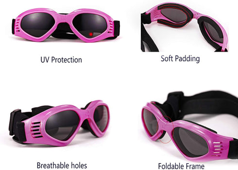 Dog Goggles Sunglasses for Large & Middle Dogs, UV Protective Foldable Eyewear, Adjustable Waterproof (Pink)