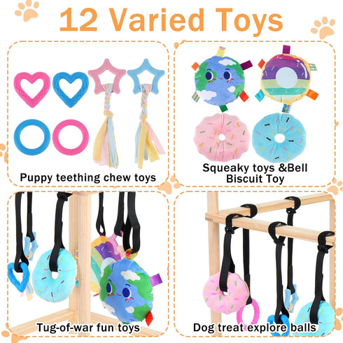 Sibosen 10 Wooden Puppy Play Gym with Hanging Toys for Small Dogs Indoor Jungle Playground Wood Frame with Interactive