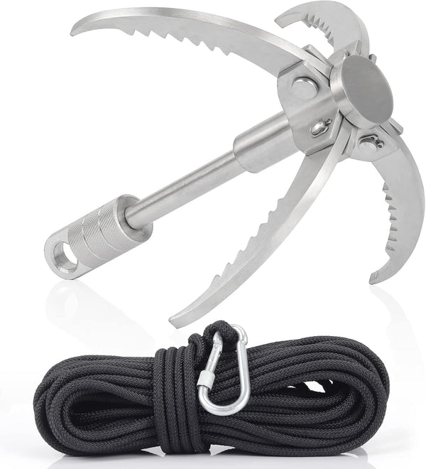 Large 4-Claw Grappling Hook with 65ft Rope, Stainless Steel Folding Grapple Hooks for Outdoor Survival