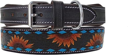 Leather Dog Collar, Western Style, Heavy Duty Hand Tooled Sunflower, Adjustable Padded Soft with Turquoise Buckstitch