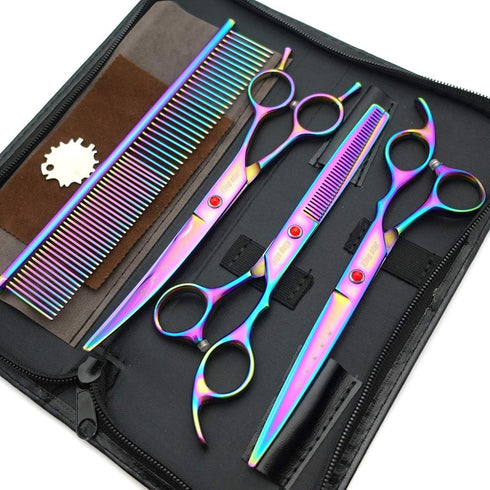 7.0in Titanium Professional Pet Grooming Scissors Set, Straight & Thinning & Curved Scissors, 3pcs Set for Dog Grooming