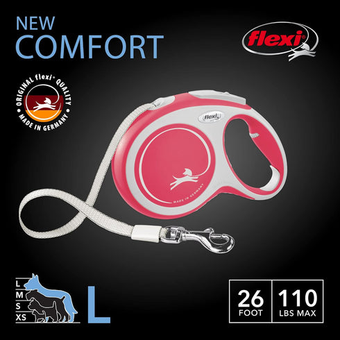 FLEXI New Comfort Retractable Dog Leash, Tape, for Dogs Up to 132lbs, 26 ft, Large, Red/Pastel