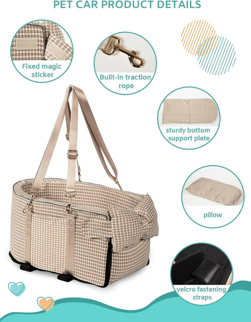 Center Console Dog Car Seat for Small Dogs, Anti-Collapse with Soft Cushion Safety Belt, Portable Armrest Seat for Pets