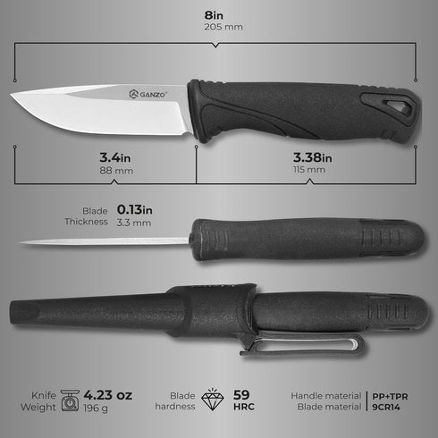 Ganzo G807-BK Fixed Blade Knife, 9CR14 Stainless Steel Blade, Black, Ergonomic Anti-Slip Handle, with Scabbard