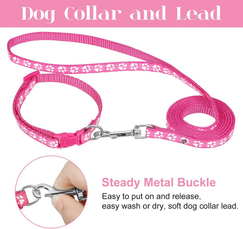 2 Packs Dog Collar and Leash Set, Quick Release Buckle Adjustable Paw Print Puppy Collar for Small Dogs