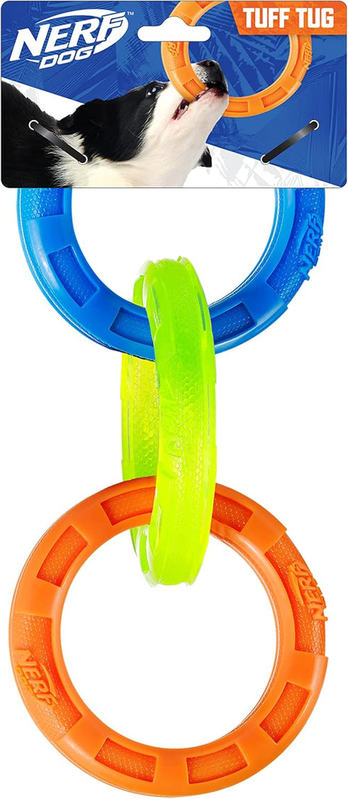 Nerf Dog 11.5in 3-Ring TPR Tug Toy in Blue, Green & Orange
