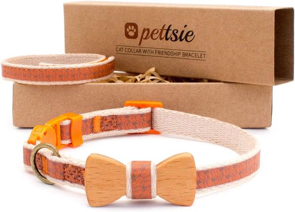 Pettsie Breakaway Cat Collar with Bow Tie and Matching Bracelet, Adjustable Cotton Kitten Collar, 8-11 Inches, Orange