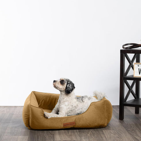 Modern Threads Luxury Dog Bed, Comfortable Tufted Velvet Cushion for Small to Large Dogs, Machine Washable, Caramel