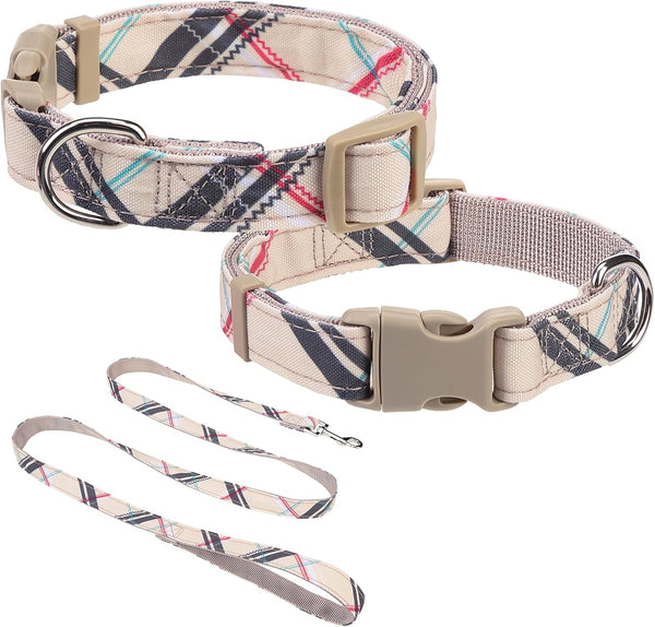Small Dog Collar and Leash Set, Adjustable Pet Collar for Medium Dogs, 5FT Nylon Leash, Beige M, for Chihuahua, Yorki,