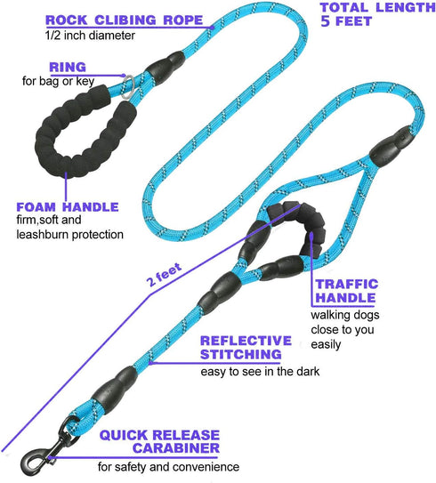 Dog Leash, 5 FT Heavy Duty Double Handle with Comfortable Padded and Reflective for All Dog Sizes (Rope-Blue)