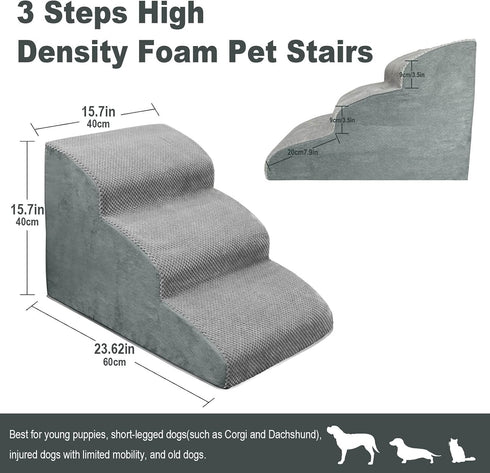 3 Steps High Density Foam Dog Stairs, Non-Slip Pet Steps for Older Dogs, Sofa Bed Ladder for Cats