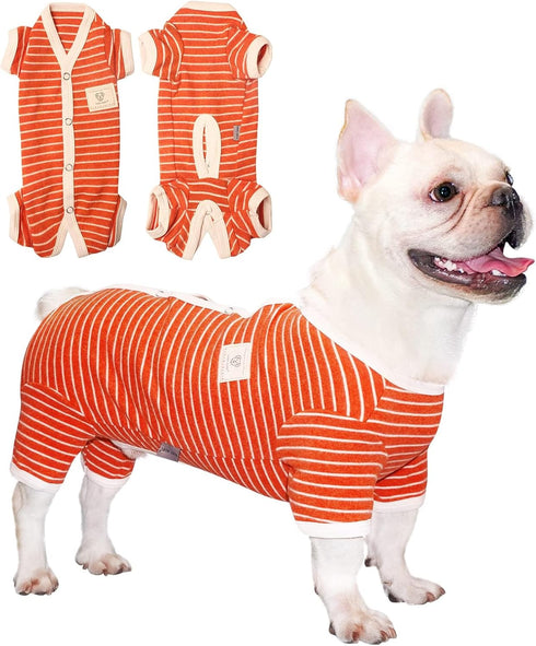 TONY HOBY Stripes Dog Pajamas for Female/Male Pets, 4 Legged Jumpsuit, Soft Cotton Clothes (XL, Orange+White-Boys)