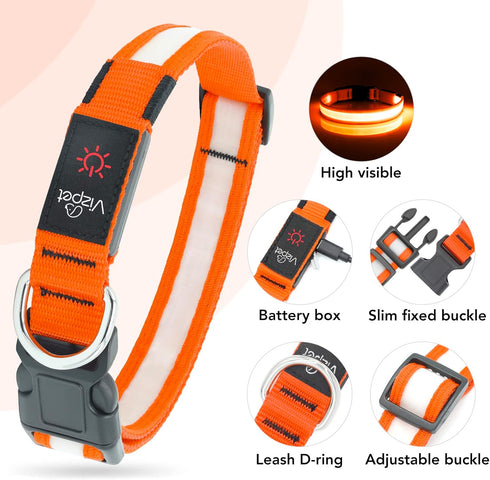 LED Dog Collar, Light Up Dog Collar Adjustable USB Rechargeable Super Bright Safety Light Glowing Collars for Small Dogs(Small,Orange)