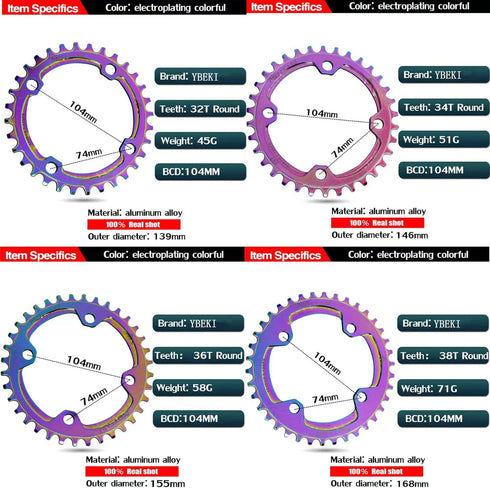 YBEKI 32T 34T 36T 38T Chainring, 104BCD Round Narrow Wide Single Bike Chainring for 8-11 Speed MTB Road