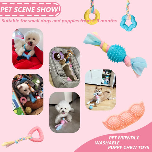 7 PCS Puppy Toys - Chew Toys for Teething Small Dogs 0-6 Months, Pink Rubber Rope Toys for Anxiety Relief