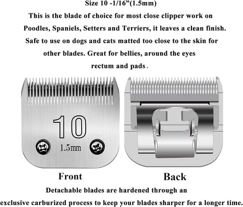 10# Clipper Blades, Pet Grooming Replacement Blades, 1/16" Cut Length, Compatible with Andis and Oster