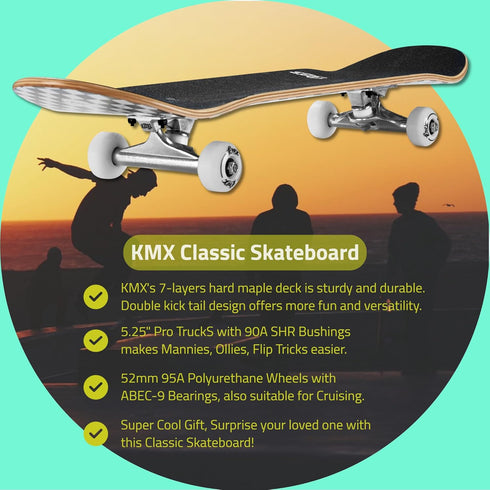 KMX Complete 31" x 8" Skateboard for Beginners, Double Kick Concave Deck, Kids Cruiser for Girls and Boys