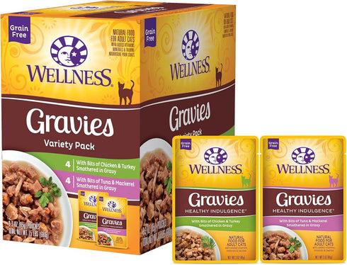 Wellness Healthy Indulgence Gravies Grain-Free Wet Cat Food: Natural Ingredients, Quality Proteins, 3 oz Pouches (8