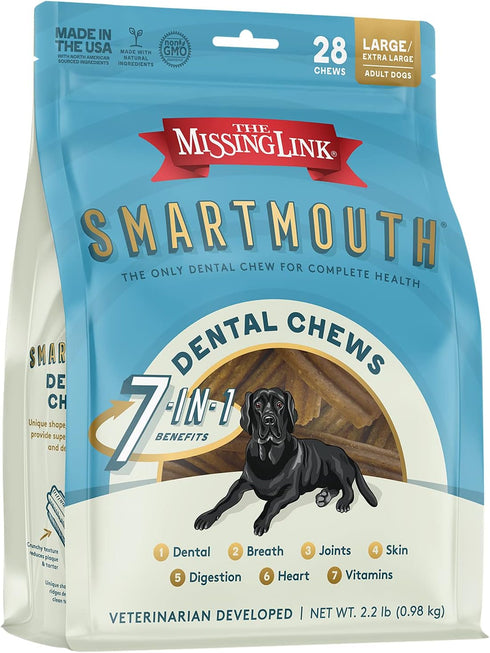 The Missing Link Smartmouth Vet Developed Dental Chew Treats, 7-in-1 Benefits for Large/Extra Large Dogs (50-100lb+),