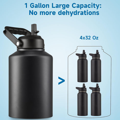 Half Gallon Insulated Water Bottle Jug, 64 oz Stainless Steel Sports Flask with Handle, 2 Lids, Army Green