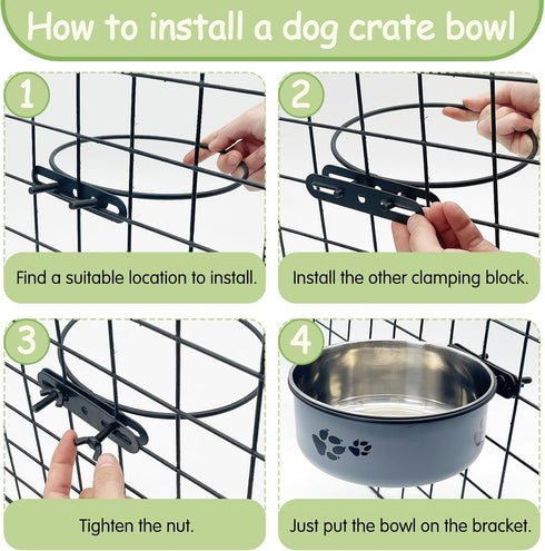 kathson 2 Pcs Dog Kennel Water Bowl - Stainless Steel No Spill Hanging Pet Food Water Bowl for Cats & Dogs (Gray)