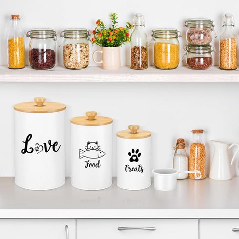 Reallnaive Set 3 Counter(White) Metal Airtight Cat Treat Container of with Bamboo Lids and Spoon Cat Food Storage