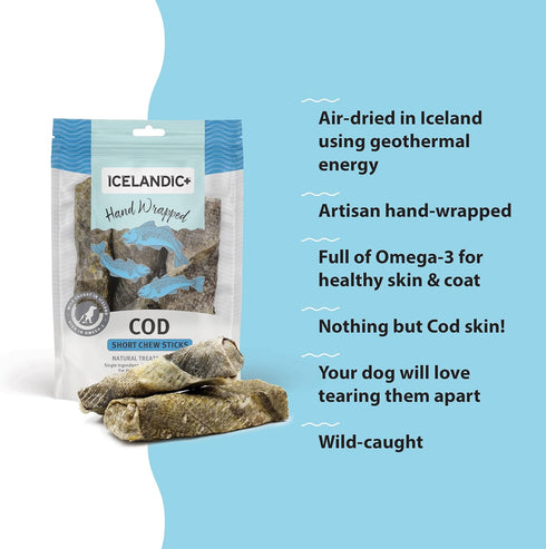 Icelandic+ 5" Cod Skin Hand Wrapped Dog Chew Stick, 3-Pack, 2.8-oz Bag