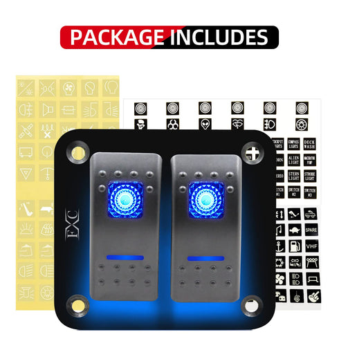 FXC Rocker Switch Aluminum Panel, 2 Gang Toggle Switches Dash, 5 Pin ON/Off, 2 LED Backlit for Boat Car Marine Blue