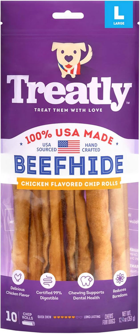 USA Beefhide Chip Rolls, 10-11" Dog Chew Treats, Chicken Flavor, 10 Count