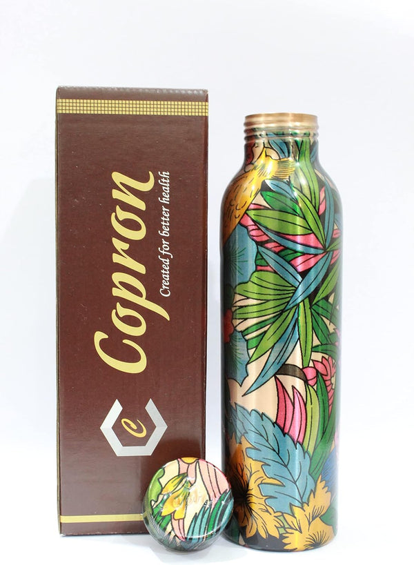 Pure Copper Water Bottle 30 oz 900 ml - Leak Proof Ayurvedic WildFlower Printed Copper Vessel