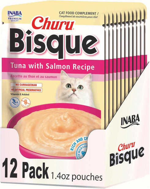 INABA Churu Bisque for Cats, Creamy Lickable Purée Side Dish, 1.4 ounces, 12 Pouches, Tuna & Salmon