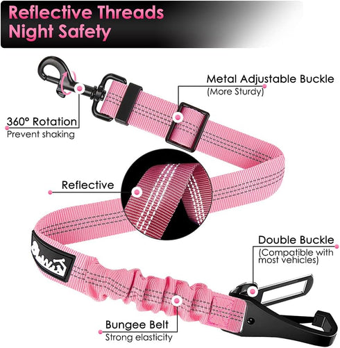 SlowTon Adjustable Dog Seat Belt, 2 in 1 Safety Leash with Elastic Nylon Bungee Buffer, Reflective Tether (Pink)